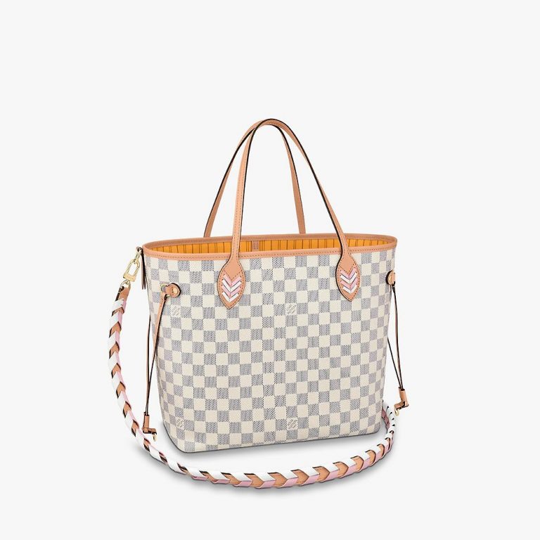 Bolsa Louis Vuitton Neverfull “Damier Azur/Pink/Alça de couro trançada”